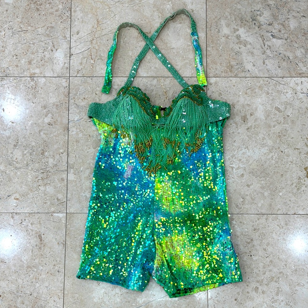 Sequin Green Romper with Fringe vintage HANDMADE